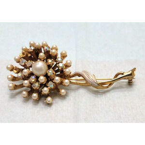 BSK Signed Gold Tone Pearl Crystal Floral Leaf Painted Brooch 3" x 1.25"